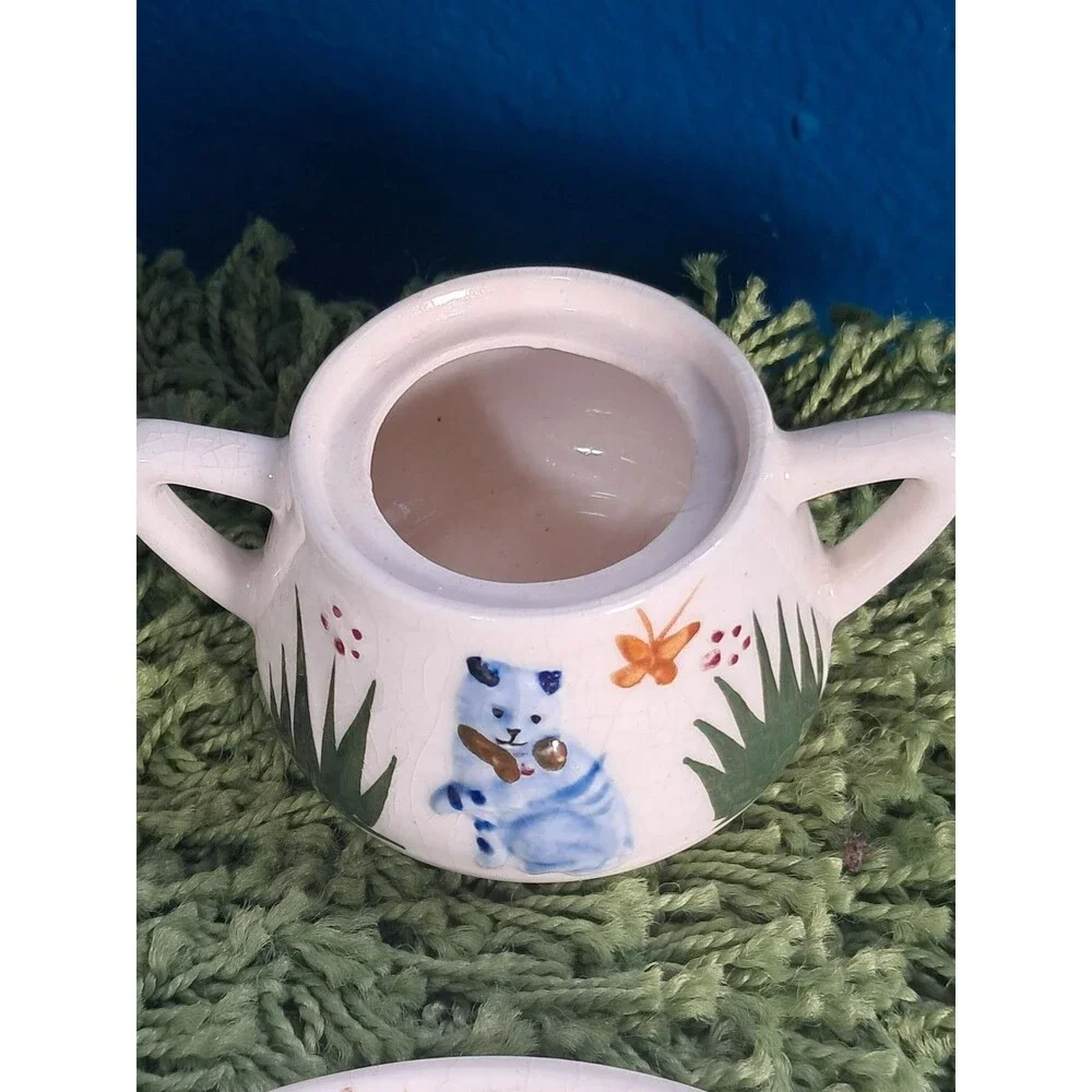 Antique 1920's Cat Tea Set Childs Majolica Tea Pot Saucers Sugar Ceramic